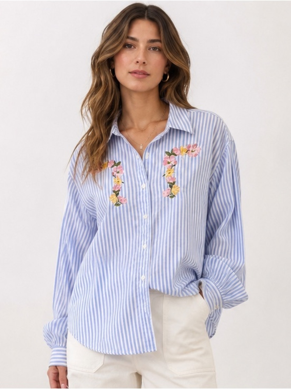 Bechamel Blue and White Striped Floral Embroidered Cotton Blouse